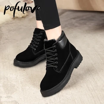 Pofulove Kadın Çizmeler Kış Siyah Botas Kız Ayak Bileği Lace Up Kalın Peluş Sıcak Yeni Çizmeler rahat ayakkabılar Zapatos De Mujer Yeni
