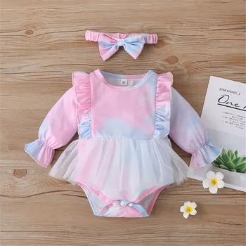 Pembe Kravat Boyalı Bodysuit Bebek Kız Giysileri Prenses Bebek Romper Elbise Yeni Yenidoğan Bebek Kız Tulum Bebek