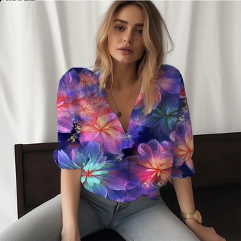 Yaz yeni kadın gömleği renkli çiçek 3D baskılı kadın gömleği rahat tarzı kadın gömleği moda trendi yüksek kaliteli kadın gömleği