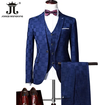 (Ceket+Yelek+Pantolon ) butik Moda Ekose erkek Rahat İş Ofis Takım Elbise Üç Parçalı Set Damat düğün elbisesi İnce Takım Elbise