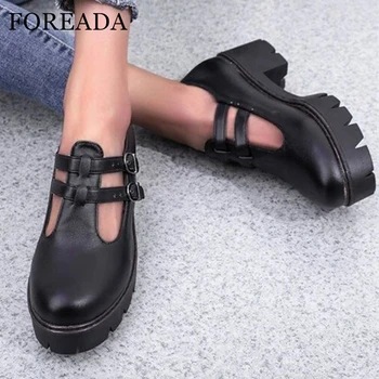 FOREADA Kadın Mary Janes Pompaları Yuvarlak Ayak Tıknaz Yüksek Topuklu Platformu Toka Bayanlar Moda rahat ayakkabılar Bahar Sonbahar Siyah 42