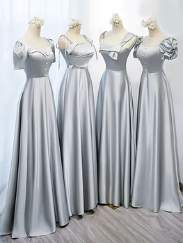 Gri Saten Nedime Elbisesi Kadınlar 2023 Yeni Düğün Sisters Grubu Elbiseler Kat uzunlukta İnce Düğün Parti Elbise Resmi Vestidos