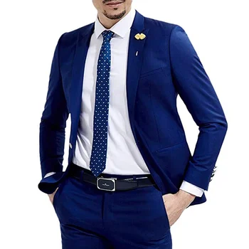 Kraliyet Mavi Erkek Takım Elbise 2 Adet Basit İnce Düz Renk Düğün İş Blazer Resmi Rahat Kostüm Damat Elbisesi İtalyan Tarzı