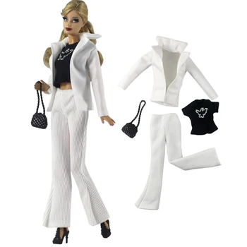 NK 4 Ürün / Set Moda Beyaz Ceket+ Pantolon +Siyah Gömlek+Çanta Kış Kıyafet barbie bebek Aksesuarları Bebek Giyinmek Oyuncaklar