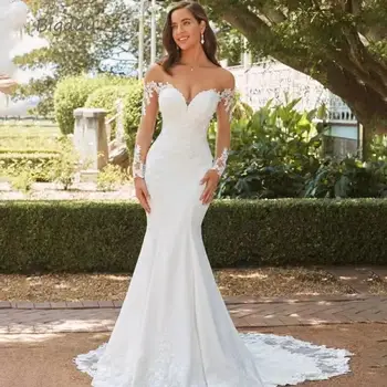 Mermaid düğün elbisesi 2023 yeni gelin düğün vestito donna uzun kollu halter dantel zayıflama basit kuyruk mahkemesi