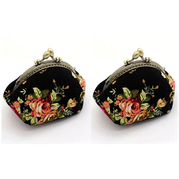 2X Cüzdan, Bayan Vintage Çiçek Mini bozuk para cüzdanı Cüzdan el çantası (Siyah)