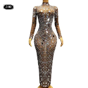 Sparkly Gümüş büyük yapay elmas Şeffaf uzun elbise Akşam Sürükle Kraliçe Kostümleri Kutlamak Lüks Kostüm Dansçı Elbise