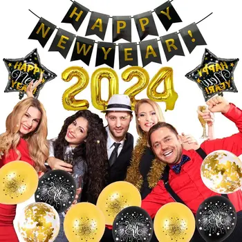 Lateks Balonlar 2024 Yeni Yılınız Kutlu Olsun Parti Malzemeleri Kauçuk Siyah, Altın, gümüş Yeni Yıl Balonlar Kiti Kutlama Yıldızı, Yuvarlak