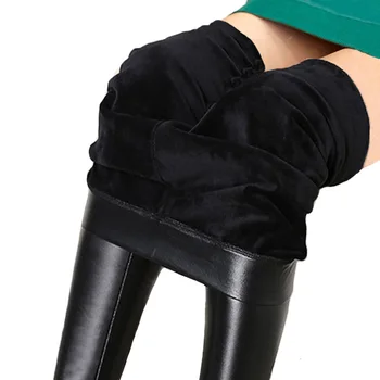 Kadın Kadife Kalın Tayt Kış Sıcak Slim Fit PU deri pantolon Yüksek Bel Rahat Sıkı Streetwear Tayt Katı Yumuşak Dipleri