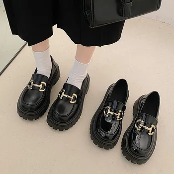 Bayan Derby Ayakkabı Takunya Platformu Yuvarlak Ayak Tüm Maç Siyah Daireler Sığ Ağız Rahat Kadın Ayakkabı Loafer'lar Kürk Deri
