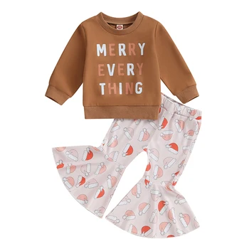 Bebek Kız Çan Dipleri Giysi Set Mektup Santa Romper Kazak Flare Pantolon Toddler Noel Sevgililer Kıyafet