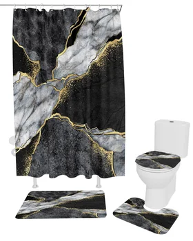 Soyut Siyah Ve Beyaz Mermer Duş perde seti Kaymaz Halılar Banyo Paspas Tuvalet kapak Su Geçirmez Polyester Banyo Perdesi