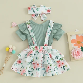 Mubıneo Bebek Kız yaz giysileri Sevimli Kıyafetler Kısa Kollu Romper Genel Etek Elbise Kafa Bandı 3 ADET Yenidoğan Kıyafet
