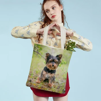 Moda MİNİ Yorkshire Köpek Tuval Öğrenci Bayan alışveriş çantası Kullanımlık Çift Baskı Sevimli Hayvan Hayvan Casual Tote Çanta Kadınlar için