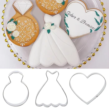 Düğün kurabiye kesici Seti Elmas Yüzük Elbise Kalp Bisküvi Kalıp Fondan Kek DIY Pişirme Araçları Düğün Gelin duş dekorasyonu