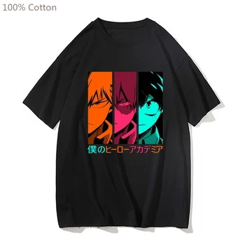 Anime My Hero Academia Baskı T-shirt Bakugo Deku Shoto Tshirt Rahat Temelleri O-yaka Siyah Gömlek Kısa Kollu Tee-Shirt Pamuk