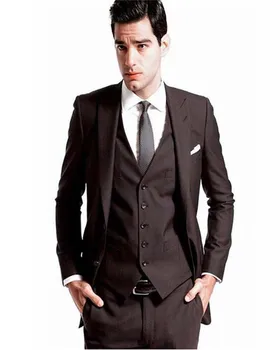 Özel Yapılmış Erkek Düğün Smokin Damat Koyu Kahverengi Erkek Takım Elbise Gelin Blazers Akşam Yemeği Parti Giyim Takım Elbise 3 adet (Ceket + Pantolon + Yelek + Kravat)