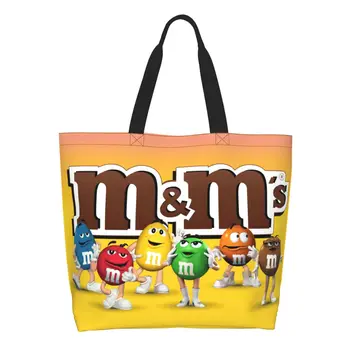 Sevimli Baskılı M & M Çikolata Tote Alışveriş Çantaları Geri Dönüşüm Tuval Alışveriş Omuz Komik Şeker Meme Çanta