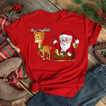Kawaii Noel Baba Geyik Moda Baskı Kadın T Shirt Kısa Kollu O Boyun Kadın Tişört Bayanlar Tee Gömlek Üst Giysi Camisetas