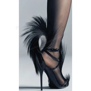 Siyah Kürk Dekor İçi Boş Pompalar Sivri Burun Pist Tarzı Rugan Stiletto Yüksek Topuk Kadın Ayakkabı 2024 Zapatos Para Mujere