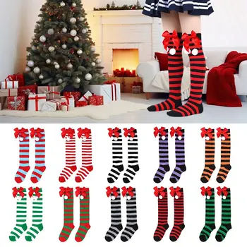 1 Çift çocuk Noel Çorap Sonbahar ve Kış Yeni Kızların Şerit Çorap Anti Sürtünme Sevimli Yay Saç Topu Noel Çorap