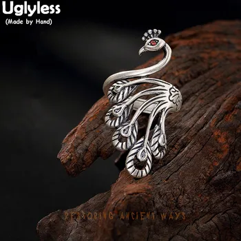 Uglyless Gerçek 990 Ince Gümüş Kadın El Yapımı Kazınmış Tavuskuşu Parmak Yüzük Hollow Etnik Tay Gümüş Açılış Yüzük Phoenix Bijoux