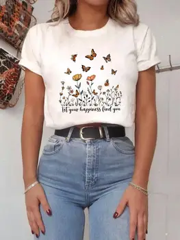 T-Shirt T Üst Baskı Kadın Karikatür Gömlek Kadın Kelebek Güzel Çiçek 90s Giyim Moda Yaz Kısa Kollu Grafik Tee