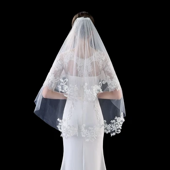 Yeni Kısa Düğün veils Dirsek Dantel Aplikler Beyaz Fildişi Gelin şapkalar Peçe Boda welon Veu de noiva düğün aksesuarları