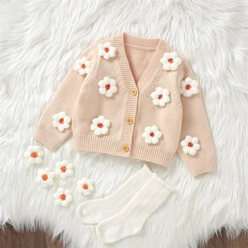 Bebek Kız Hırka Uzun Kollu V Yaka Düğme Kapatma Çiçek Kış Sıcak Örgü Kazak Bebek Giysileri