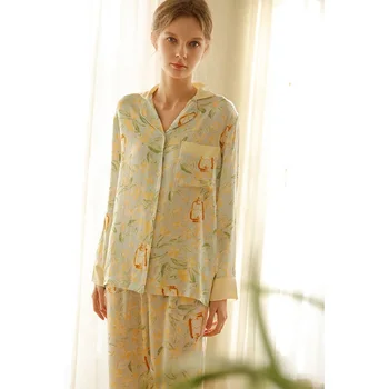 Yeni Moda Viskon Uzun Kollu Çiçek Pijama Setleri Kadınlar İçin Bahar Yaz Gevşek Pijama