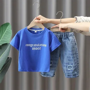 Erkek Giysileri Setleri Yaz 2024 Çocuk Pamuklu T-shirt Kot Şort 2 adet Eşofman Erkek Bebek İçin 7 Yıl spor elbise Çocuklar Kıyafet