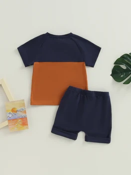 Sevimli Yürümeye Başlayan Çocuk Yaz Kıyafeti kısa kollu tişört Renkli Patchwork Tasarım ve Eşleşen şort takımı için Şık