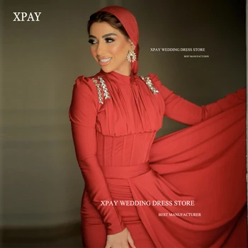 XPAY Mütevazı Müslüman Arapça Dubai Kırmızı Abiye Uzun Kollu Kristal İpek Saten Balo Abiye Ünlü Resmi Elbise