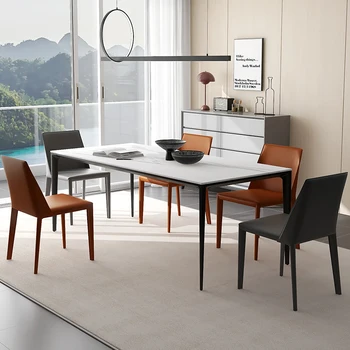 Italyan ışık lüks kaya döşeme minimalist mermer modern basit dikdörtgen yemek masası ve sandalye kombinasyonu