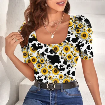 Yeni kadın T-Shirt Kabarcık Kollu Baskılı Kısa Kollu Tee Pilili Tasarım T Shirt Kadın Yaz O Boyun Üst Çiçek Kazak