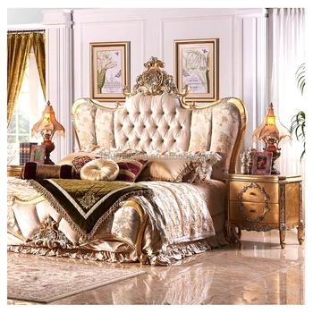 Avrupa Altın masif ahşap mobilya El Oyma gölgelik Yatak Kral Klasik Lüks Altın Yatak Odası king-size yatak