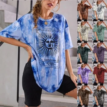 Kravat Boya Mektup Güneş Baskı Grafik Tee Harajuku Vintage Streetwear Gevşek Casual Kadın Tişörtleri Kısa Kollu Y2k Estetik Tees Tops