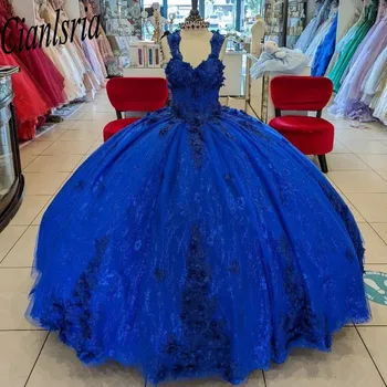 Kraliyet Mavi 2023 Quinceanera Elbiseler Tatlı 15 Yıl Spagetti Sapanlar Kabarık Balo Dantel Aplikler Prenses Abiye