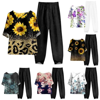 Kadın Kısa Kollu Çiçek Kelebek Baskı üstler ve pantolonlar İlkbahar Yaz İki Parçalı Takım Elbise Rahat Konfor Bayanlar bol tişört Seti