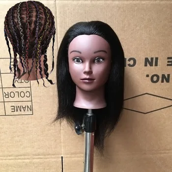 100 % gerçek insan saçı Afrika El Dokuma Örgü eğitim kafa modeli, dört renk boyama uygulama kafası, kuaförlük model kafa