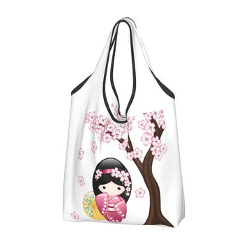 Sakura Kokeshi Bebek alışveriş çantası Dayanıklı Büyük Kullanımlık Geri Dönüşüm Ağır Japon Kız Alışveriş Eko Çanta Yıkanabilir Kese İle
