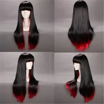 Moda Bayan siyah + kırmızı cosplay bayan uzun düz tam ısıya dayanıklı saç peruk