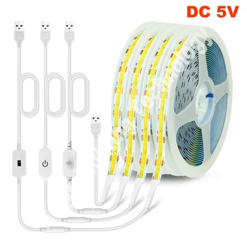 USB COB LED ışık Şeridi DC 5V 300LEDs/m Yüksek Yoğunluklu bant yapışkan Dokunmatik Dimmer ile / PIR hareket sensörlü LED Şerit Ev Odası için