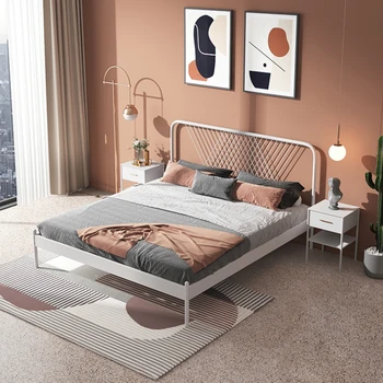 Modern minimalist krem rüzgar ferforje yatak çift kişilik yatak 1.5 m yurt tek kişilik daire karyola siyah ve beyaz.