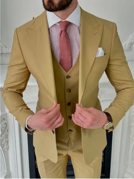 Deve Renk Doruğa Yaka Erkek Takım Elbise Slim Fit Resmi İş 3 Adet Ceket Yelek Pantolon Balo Damat Smokin Düğün Takımları Adam için
