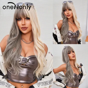 oneNonly Uzun Gri Beyaz Ekleme kahküllü peruk Dalgalı Cosplay Lolita Peruk Kadınlar için Noel Partisi Yüksek Sıcaklık Saç