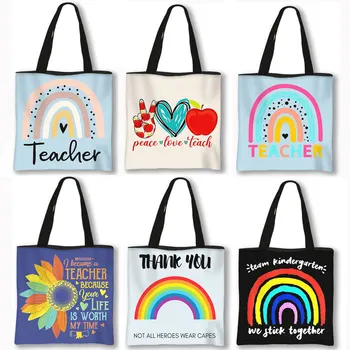 Kawaii Gökkuşağı Öğretmen Alışveriş Çantaları Kadın Tote Teşekkür Ederim Öğretmen omuz çantaları Seyahat için Kız Çanta Tuval Alışveriş Çantası