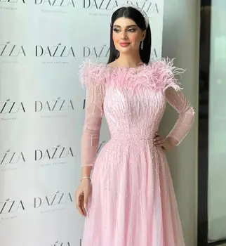 2023 Pembe Lüks Elbise Kapalı Omuz Kat Uzunluk balo kıyafetleri Tüy Abiye Suudi Arabistan kadın Resmi Elbise