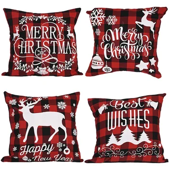 1 adet Noel Yastık Kapakları Siyah ve Kırmızı Buffalo Ekose Yastık Kapakları Rustik Keten Yastık Kılıfı Noel Süslemeleri için