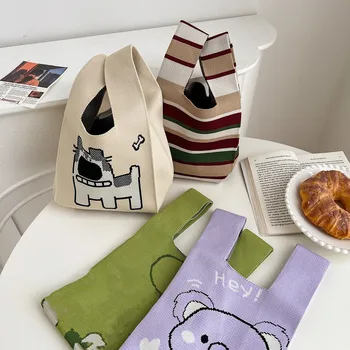 Sevimli Koala El Yapımı Örme Çanta Retro Şerit Kadın Mini Düğüm Bilek Çantası Niş Tasarım kol çantası Çanta Kullanımlık alışveriş çantası
